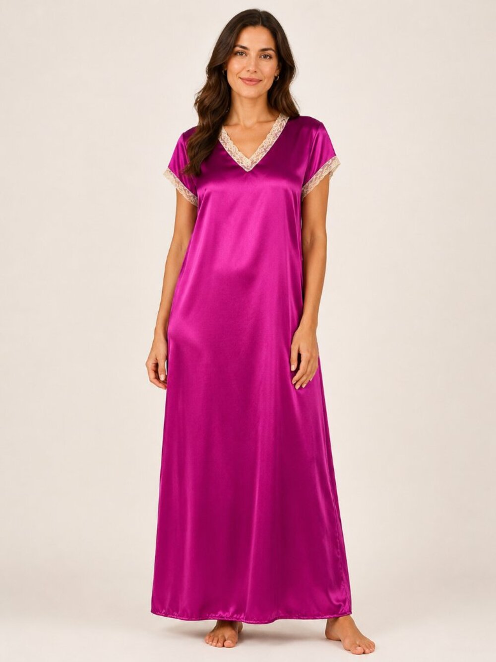 Women’s Magenta Satin Lace Trim V-Neck Maxi Nightgown Dress, M